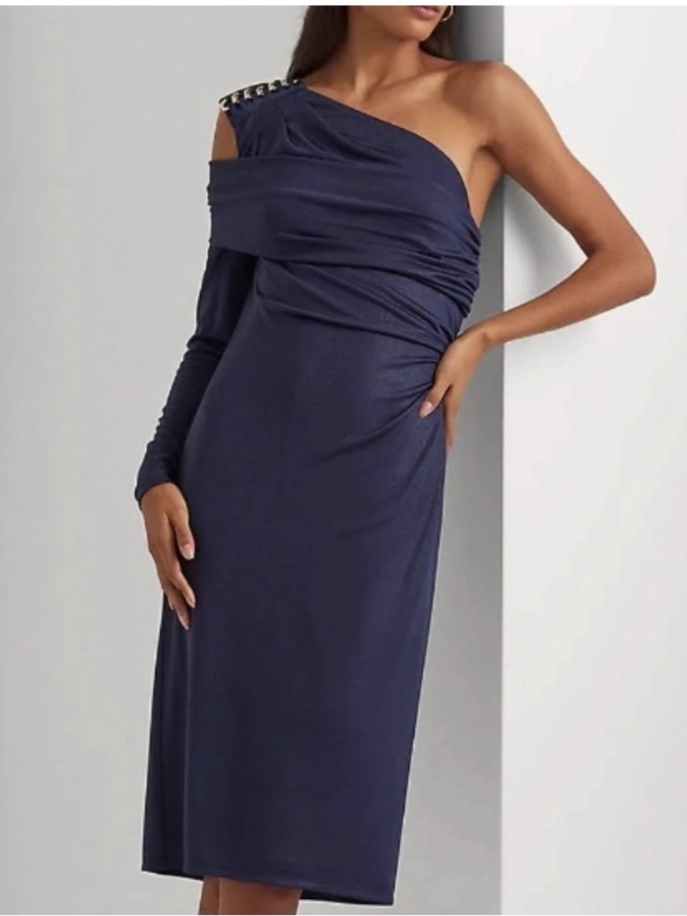 NWT Lauren Ralph Lauren One-Shoulder longsleeve Navy cocktail dress size 12